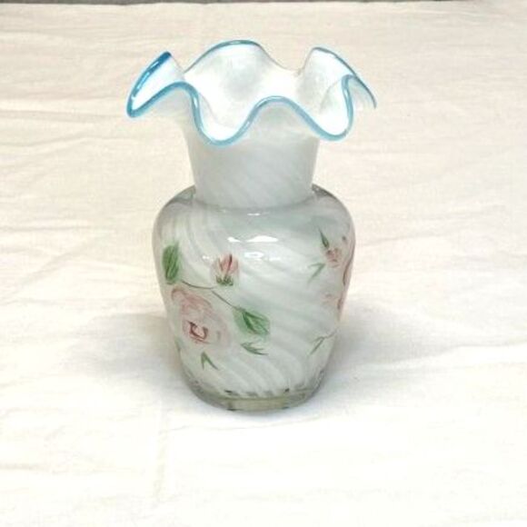 Fenton for Teleflora Cased Swirl Aqua Crest Hand Painted Ruffled Small Vase - Picture 3 of 12